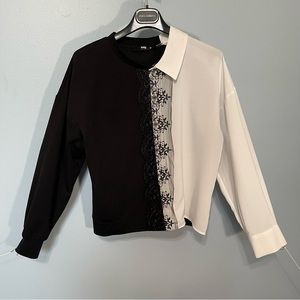 Say. Women's Very Unique Blouse Size 38 Black And White Half Collared.